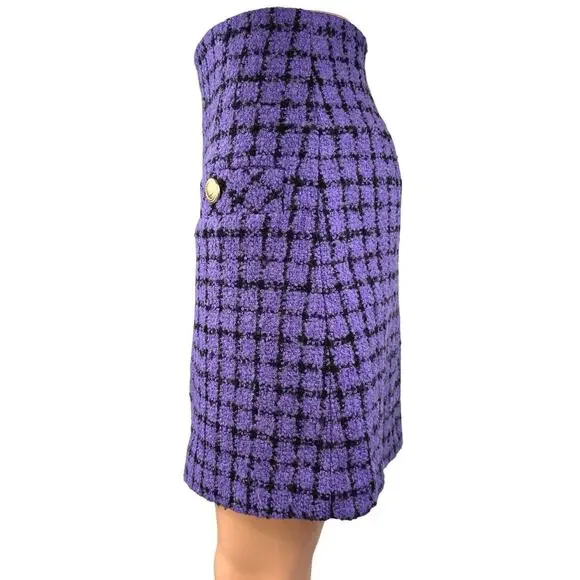 Sandro Clarinette Purple Checkered Plaid Tweed Straight Pencil Mini Skirt Sz 36 - Picture 4 of 8